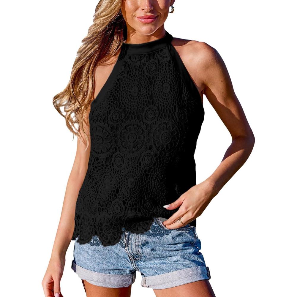 imageCUPSHE Womens Tank Tops Hollow Out Lace Boho Blouse Eyelet Embroidery Sleeveless Tops ShirtsBlack