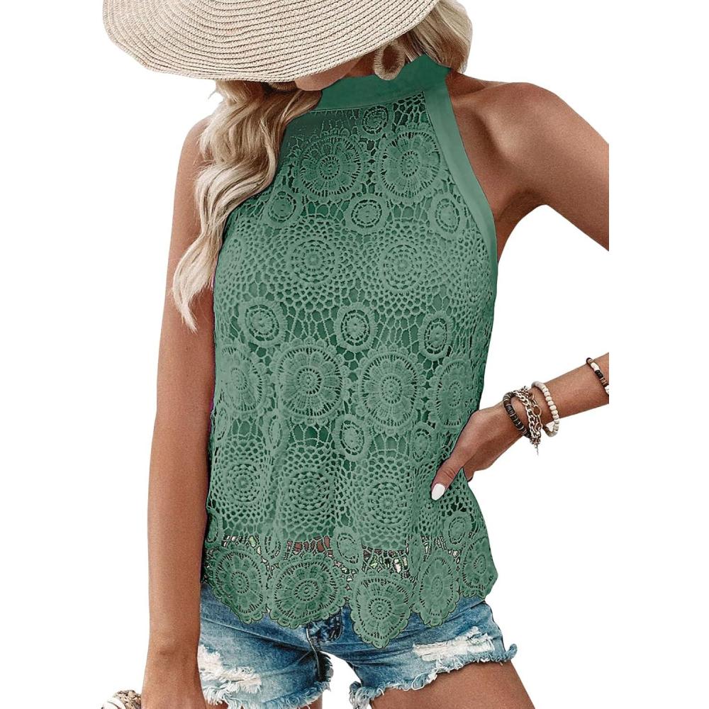 imageCUPSHE Womens Tank Tops Hollow Out Lace Boho Blouse Eyelet Embroidery Sleeveless Tops ShirtsLight Green