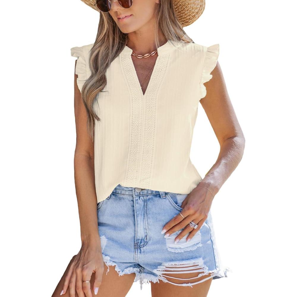 imageCUPSHE Womens Top Woven V Neck Sleeveless Smocked Cuffs Blouse Casual LooseBeige