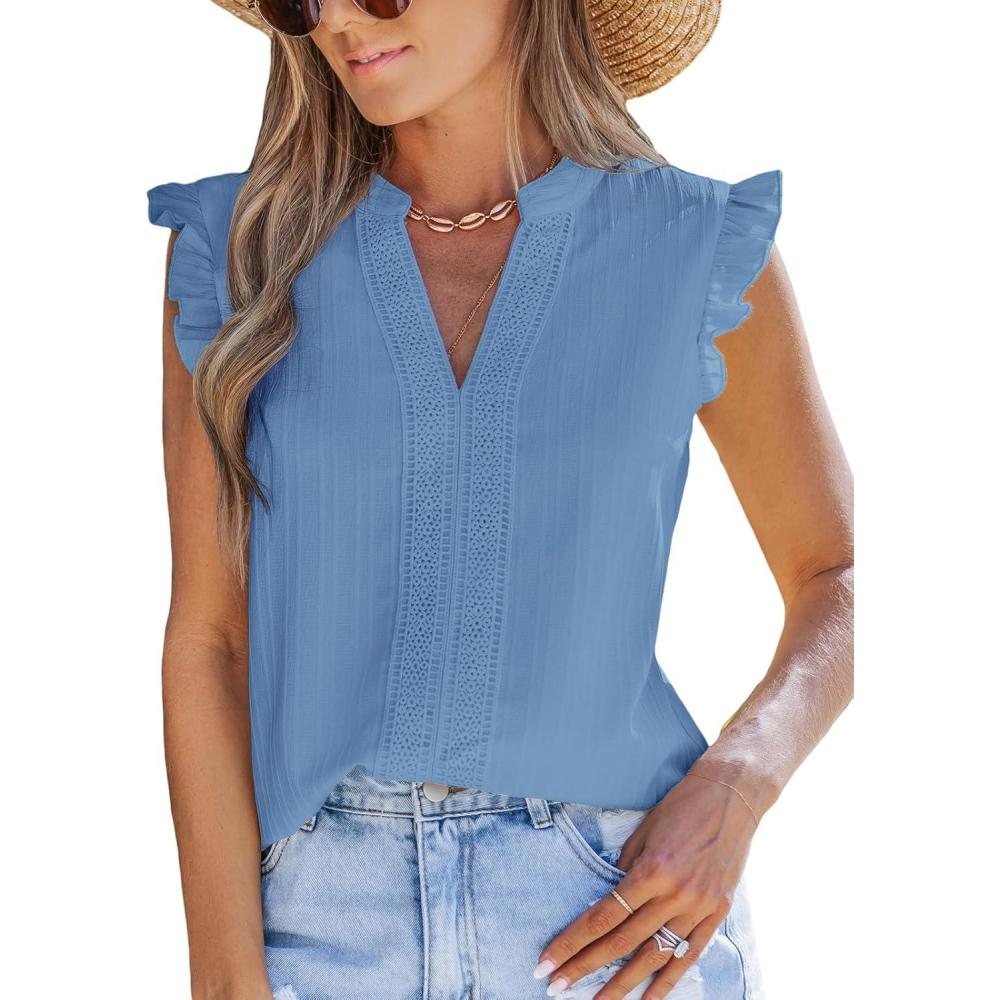 imageCUPSHE Womens Top Woven V Neck Sleeveless Smocked Cuffs Blouse Casual LooseBlue