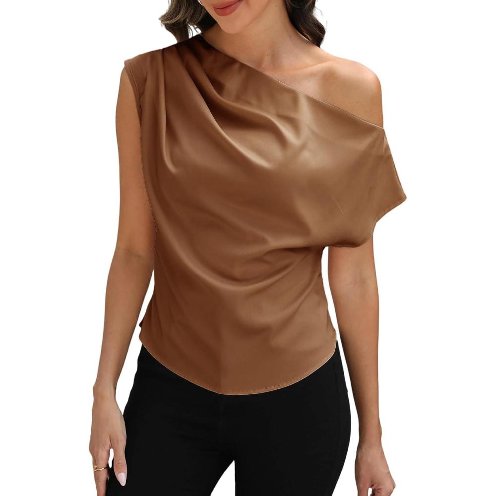 imageCUPSHE Womens Tops Asymmetrical OffShoulder Shirt Sleeveless Ruching Satin Blouses Elegant Trendy Dressy1brown
