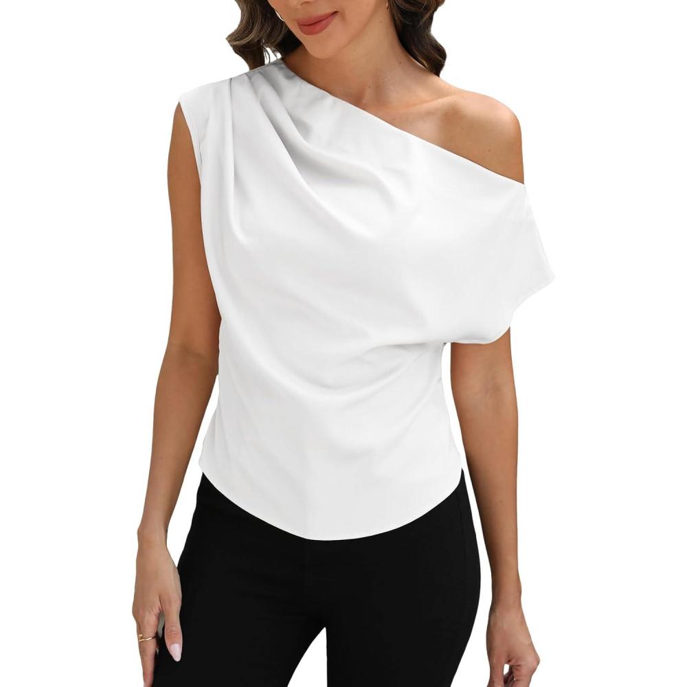 imageCUPSHE Womens Tops Asymmetrical OffShoulder Shirt Sleeveless Ruching Satin Blouses Elegant Trendy Dressy1white