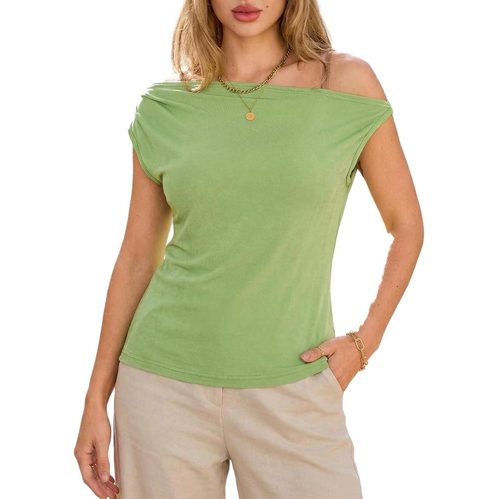 imageCUPSHE Womens Tops Asymmetrical OffShoulder Shirt Sleeveless Ruching Satin Blouses Elegant Trendy Dressy2mint