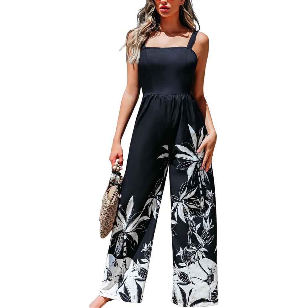 imageCUPSHE Womens Tropical Jumpsuits Casual Loose Sleeveless Overalls One Piece Square Neck Tie Back Hobo Rompers Wide Leg PantBlack