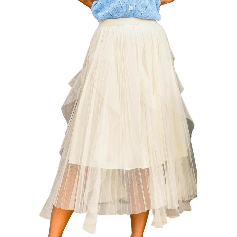 imageCUPSHE Womens Tulle Midi Skirts Dressy ALine High Low Layered Puffy Fairy High Waist Long Mesh SkirtBeige