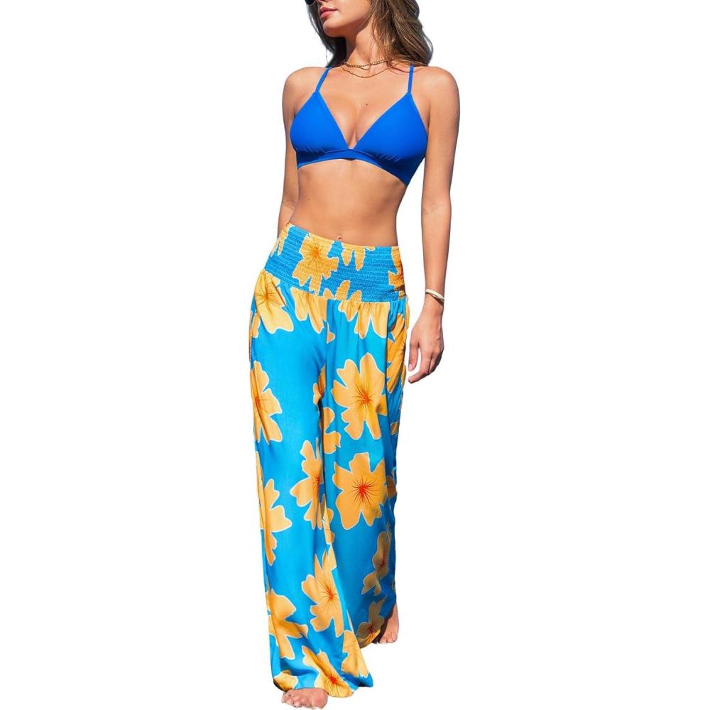 imageCUPSHE Womens Wide Leg Pants Elastic High Waisted Beach Trousers Cotton Linen Summer PalazzoFloral Blue