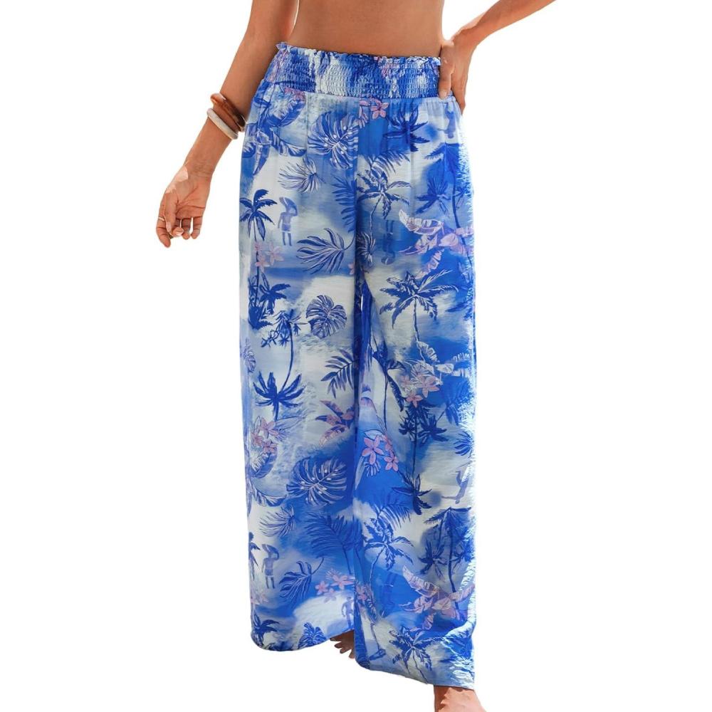 imageCUPSHE Womens Wide Leg Pants Elastic High Waisted Beach Trousers Cotton Linen Summer PalazzoOcean Blue