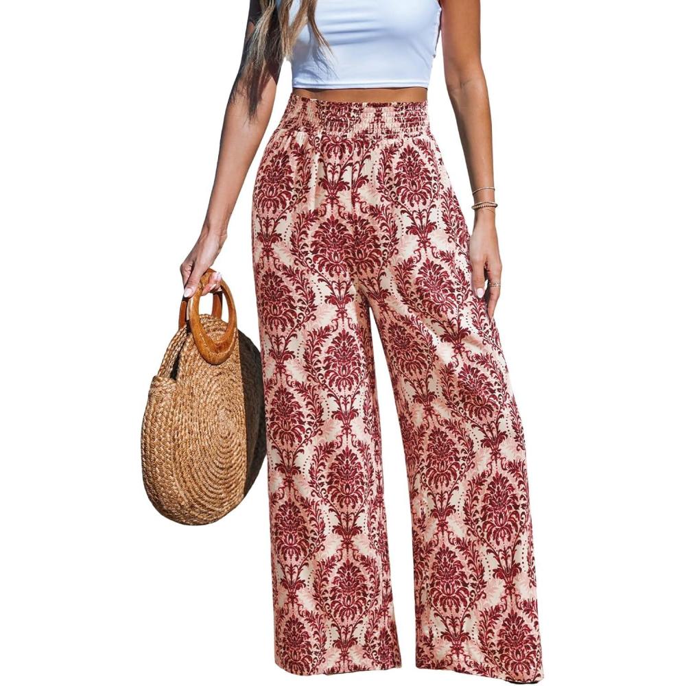 imageCUPSHE Womens Wide Leg Pants Elastic High Waisted Beach Trousers Cotton Linen Summer PalazzoRed