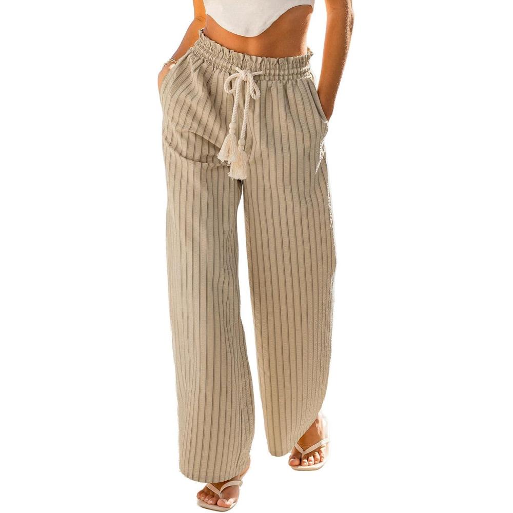 imageCUPSHE Womens Wide Leg Stripe Pants Spring Summer High Waist Smocked Palazzo Casual Beach Pants with PocketsBeige