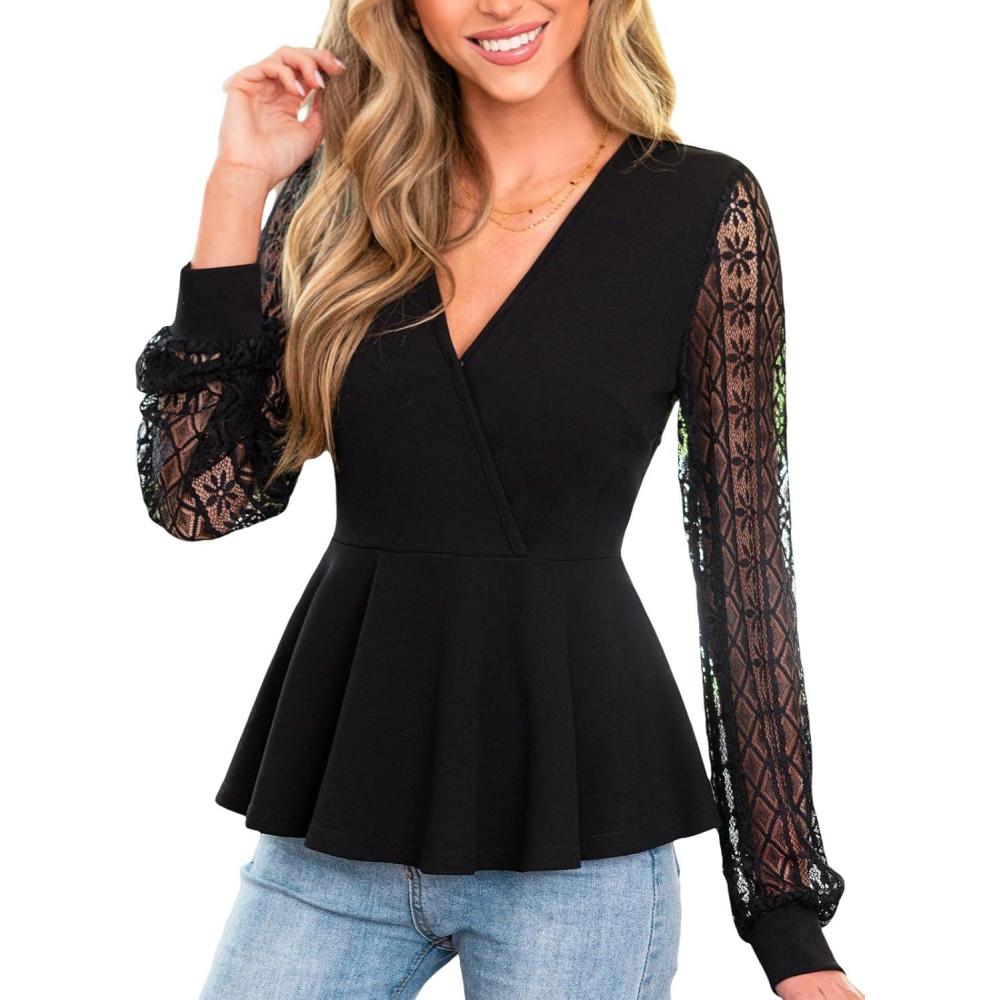 imageCUPSHE Womens Wrap Tops Eyelet Lace V Neck Long Floral Sleeve Blouse Casual Hollow Out Loose Trendy DressyBlack