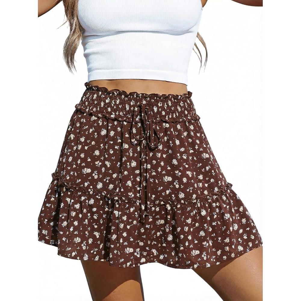 imageWomens Mini Skirts Boho Floral High Waist Ruffle Tiered Chiffon Flowy ALine Beach Casual Cute Short SkirtBrown