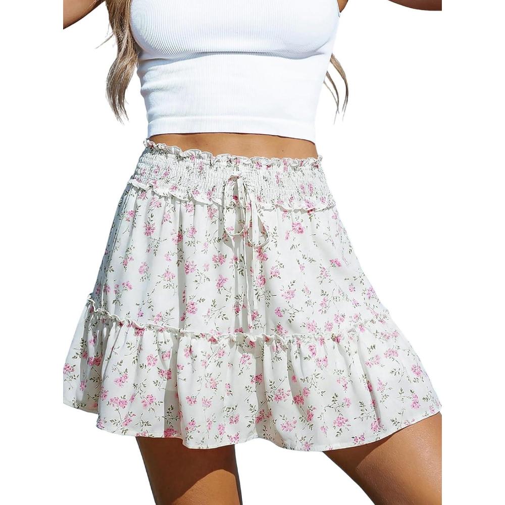imageWomens Mini Skirts Boho Floral High Waist Ruffle Tiered Chiffon Flowy ALine Beach Casual Cute Short SkirtWhitepink