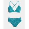 CUPSHE Bikini Set for Women Bathing Suit High Waisted Scalloped V Neck Two Pieces Swimsuit(Cyan)