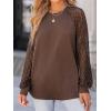 CUPSHE Blouse for Women Long Sleeve Lace Crewneck Shirts Fall Cute Solid Color Business Tunic Clothes(Coffee)