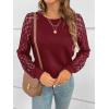 CUPSHE Blouse for Women Long Sleeve Lace Crewneck Shirts Fall Cute Solid Color Business Tunic Clothes(Wine Red)