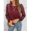 CUPSHE Blouse for Women Long Sleeve Lace Crewneck Shirts Fall Cute Solid Color Business Tunic Clothes(Wine Red)