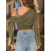 CUPSHE Crop Tops for Women Off-Shoulder Mesh Ruched Long Sleeve Sheer Going Out Blouse Bodycon Y2K Cute Night Club(Green)