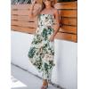 CUPSHE Summer Women Slip Ruching Smocked Jumpsuit Pants Square Neck Speghetti Straps Loose Waisted Maxi(Green Floral)