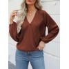CUPSHE V Neck Wrap Velvet Tops Dressy Causal Long Sleeve Business Work Blouses Loose Fit Shirts Vacation Outfits(Brown)