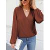 CUPSHE V Neck Wrap Velvet Tops Dressy Causal Long Sleeve Business Work Blouses Loose Fit Shirts Vacation Outfits(Brown)