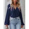 CUPSHE V Neck Wrap Velvet Tops Dressy Causal Long Sleeve Business Work Blouses Loose Fit Shirts Vacation Outfits(Dark Blue)