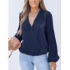 CUPSHE V Neck Wrap Velvet Tops Dressy Causal Long Sleeve Business Work Blouses Loose Fit Shirts Vacation Outfits(Dark Blue)