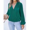 CUPSHE V Neck Wrap Velvet Tops Dressy Causal Long Sleeve Business Work Blouses Loose Fit Shirts Vacation Outfits(Dark Green)