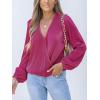 CUPSHE V Neck Wrap Velvet Tops Dressy Causal Long Sleeve Business Work Blouses Loose Fit Shirts Vacation Outfits(Fuchsia)