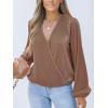 CUPSHE V Neck Wrap Velvet Tops Dressy Causal Long Sleeve Business Work Blouses Loose Fit Shirts Vacation Outfits(Light Brown)