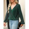 CUPSHE V Neck Wrap Velvet Tops Dressy Causal Long Sleeve Business Work Blouses Loose Fit Shirts Vacation Outfits(Malachite Green)