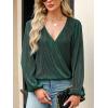 CUPSHE V Neck Wrap Velvet Tops Dressy Causal Long Sleeve Business Work Blouses Loose Fit Shirts Vacation Outfits(Malachite Green)