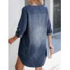 CUPSHE Women Fall Denim Shirt Dresses Cotton Long Sleeve V Neck Distressed Roll Tab Jean Mini Dress(Dark Blue)