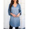 CUPSHE Women Fall Denim Shirt Dresses Cotton Long Sleeve V Neck Distressed Roll Tab Jean Mini Dress(Denim Blue)