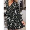 CUPSHE Women Fall Dresses Floral V Neck Long Sleeve Ruffle Hem Smocked High Waist Casual Mini Dress(Black Floral)