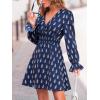 CUPSHE Women Fall Dresses Floral V Neck Long Sleeve Ruffle Hem Smocked High Waist Casual Mini Dress(Navy)