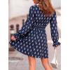 CUPSHE Women Fall Dresses Floral V Neck Long Sleeve Ruffle Hem Smocked High Waist Casual Mini Dress(Navy)
