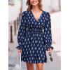 CUPSHE Women Fall Dresses Floral V Neck Long Sleeve Ruffle Hem Smocked High Waist Casual Mini Dress(Navy)