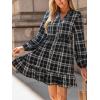 CUPSHE Women Fall Dresses Plaid Ruffle Hem V Neck Long Sleeve Button Holiday Tunic Mini Dress(Black)