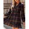 CUPSHE Women Fall Dresses Plaid Ruffle Hem V Neck Long Sleeve Button Holiday Tunic Mini Dress(Navy)
