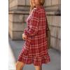 CUPSHE Women Fall Dresses Plaid Ruffle Hem V Neck Long Sleeve Button Holiday Tunic Mini Dress(Red)