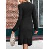 CUPSHE Women Fall Dresses Ruffle Hem Knit Ruched Crew Neck Long Sleeve Bodycon Cocktail Mini Dress(Black)