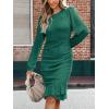 CUPSHE Women Fall Dresses Ruffle Hem Knit Ruched Crew Neck Long Sleeve Bodycon Cocktail Mini Dress(Green)