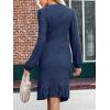 CUPSHE Women Fall Dresses Ruffle Hem Knit Ruched Crew Neck Long Sleeve Bodycon Cocktail Mini Dress(Navy Blue)