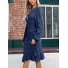 CUPSHE Women Fall Dresses Ruffle Hem Knit Ruched Crew Neck Long Sleeve Bodycon Cocktail Mini Dress(Navy Blue)