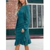 CUPSHE Women Fall Dresses Ruffle Hem Knit Ruched Crew Neck Long Sleeve Bodycon Cocktail Mini Dress(Teal)