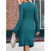 CUPSHE Women Fall Dresses Ruffle Hem Knit Ruched Crew Neck Long Sleeve Bodycon Cocktail Mini Dress(Teal)