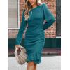 CUPSHE Women Fall Dresses Ruffle Hem Knit Ruched Crew Neck Long Sleeve Bodycon Cocktail Mini Dress(Teal)