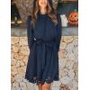CUPSHE Women Fall Dresses Scallop Trim Cutout Smocked Mock Neck Tie Waist Long Sleeve A Line Flowy Mini Dress(Navy)