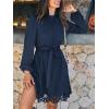 CUPSHE Women Fall Dresses Scallop Trim Cutout Smocked Mock Neck Tie Waist Long Sleeve A Line Flowy Mini Dress(Navy)