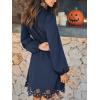 CUPSHE Women Fall Dresses Scallop Trim Cutout Smocked Mock Neck Tie Waist Long Sleeve A Line Flowy Mini Dress(Navy)